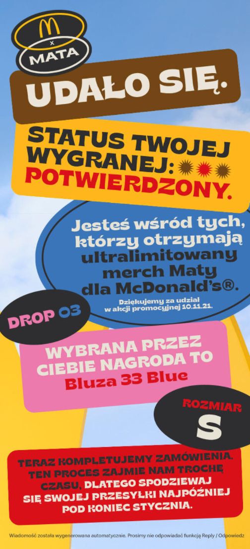 Wiadomość o wygraniu ubrań z kolekcji Mata x McDonald's