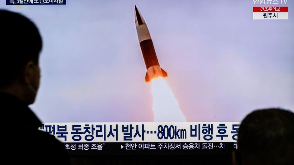 SEOUL, SOUTH KOREA - 2023/03/19: A TV screen at the Yongsan Railway Station in Seoul, shows file footage of North Korea's missile launch during a news program. North Korea fired a short-range ballistic missile (SRBM) towards the East Sea on March 19, South Korea's military said, in yet another provocation in apparent protest over an ongoing South Korea-U.S. military exercise.
South Korea's military said it detected the launch from the Tongchang-ri area on the country's west coast at 11:05 am(KST). The area is home to the North's key long-range rocket launch site. (Photo by Kim Jae-Hwan/SOPA Images/LightRocket via Getty Images)