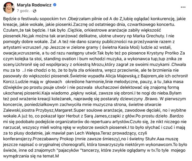 Maryla Rodowicz PSIOCZY na Top of the Top Sopot Festival. Co sądzi o występie Julii Wieniawy? Afera wisi w powietrzu...