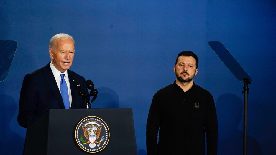 Washington , DC - July 11: President Joe Biden speaks alongside Ukrainian President Volodymyr Zelensky during the Ukraine Compact initiative on the sidelines of the NATO Summit at the Walter E. Washington Convention Center in Washington, DC, on Thursday, July 11, 2024. 

(Photo by Demetrius Freeman/The Washington Post via Getty Images)