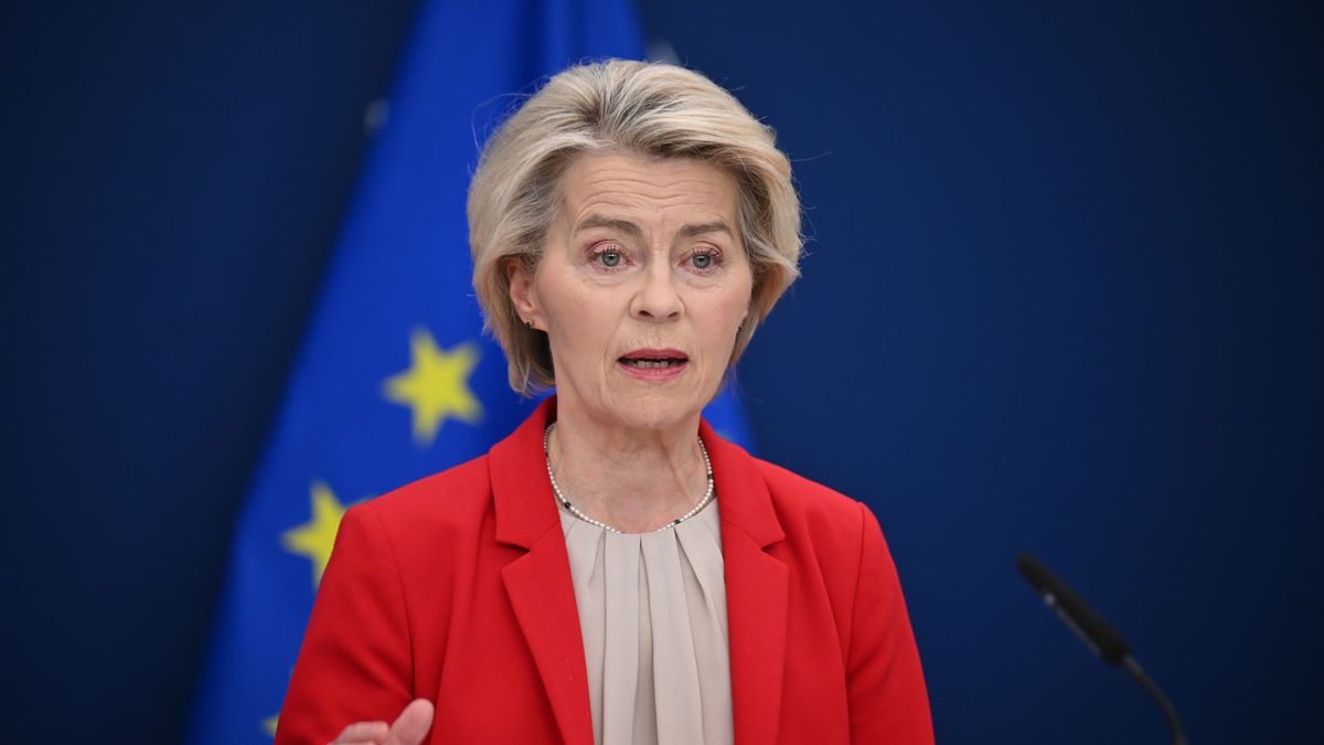 BRUSSELS, BELGIUM - JUNE 10: EU Commission President Ursula von der Leyen and EU High Representative for Foreign Affairs and Security Policy Kaja Kallas (not seen) speak during a joint press conference on the 18th sanctions package against Russia in Brussels, Belgium on June 10, 2025. (Photo by Dursun Aydemir/Anadolu via Getty Images)