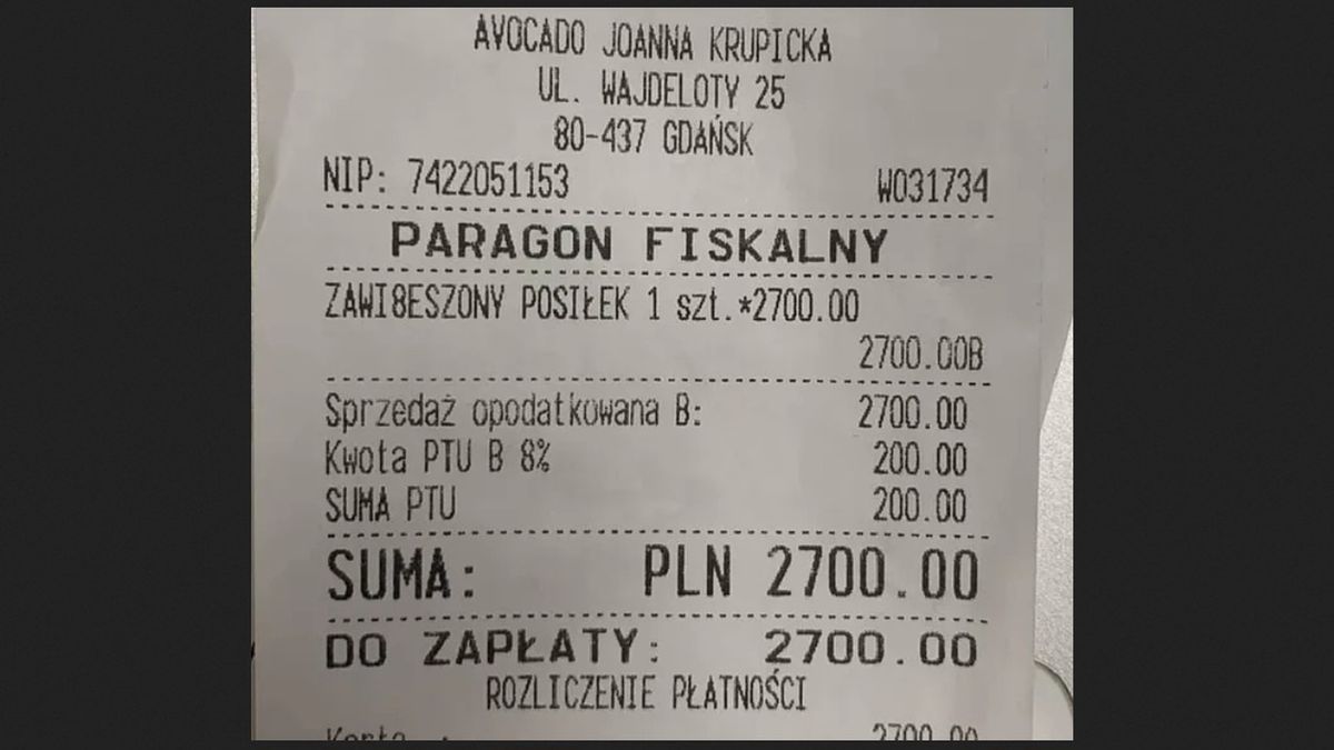 Paragon na 2,7 tys. zł zawisł w jednej z restauracji w Gdańsku.