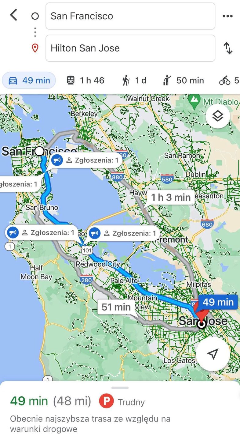 Trasa z San Jose do San Francisco wg Google