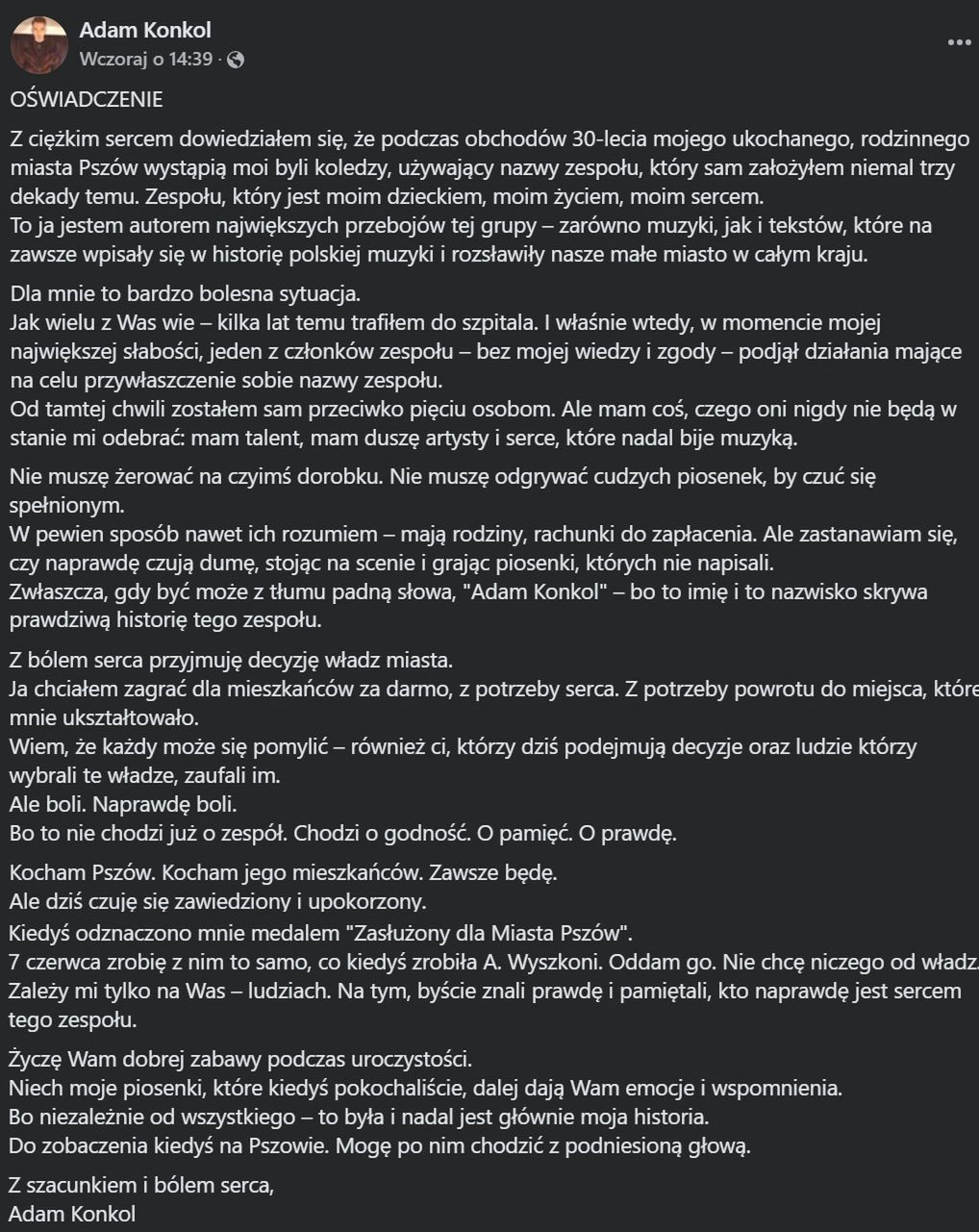 Oświadczenie Adama Konkola