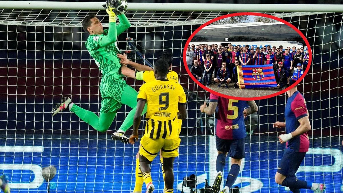 Getty Images /  Jose Breton/Pics Action/NurPhoto via Getty Images/Twitter Penya Blaugrana de Lodz / Na dużym zdjęciu kadr z meczu Barcelona - BVB, na małym kibice z Łodzi