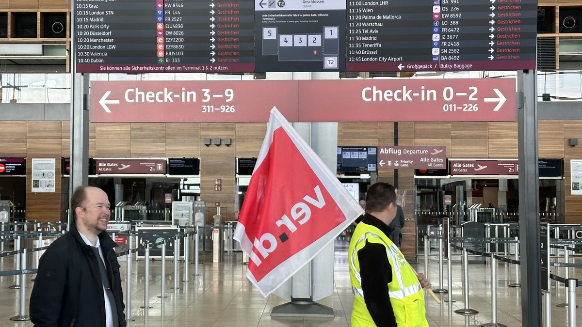 BERLIN, GERMANY - APRIL 24: A view from Berlin-Brandenburg Airport in Berlin, Germany on April 24, 2023. Security personnel working at the airports of Berlin-Brandenburg and Hamburg took a one-day work stoppage at the call of the Verdi Union, demanding an increase in the surcharges paid on weekends and holidays, and many flights were cancelled. Security workers affiliated with the Verdi Union demonstrated at the airport. (Photo by Erbil Basay/Anadolu Agency via Getty Images)