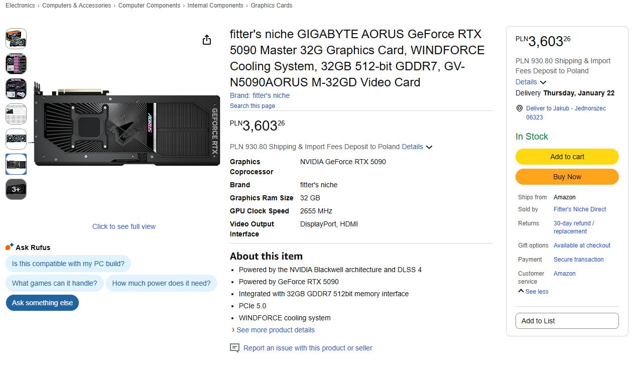 Karta produktu taniego "GeForce'a RTX 5090" od Fitter's Niche