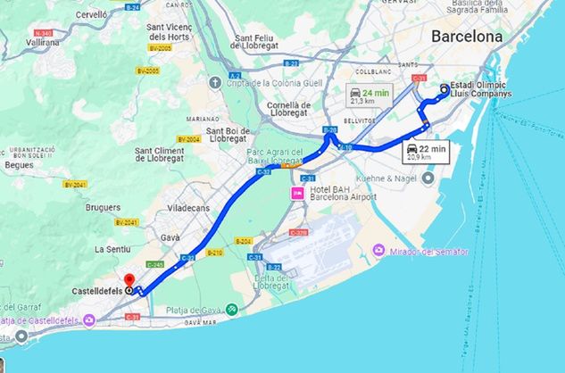 Trasa pomiędzy Castelldefels a stadionem FC Barcelony / Źródło: Google Maps