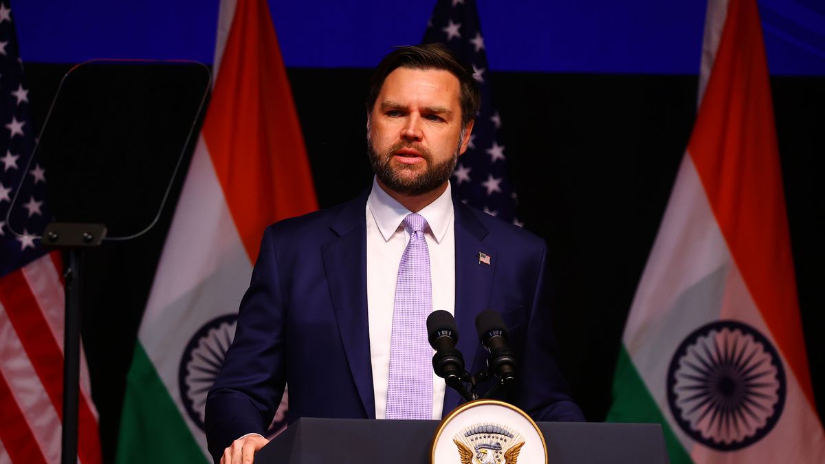 US Vice President J.D. Vance addresses a gathering at Rajasthan International Centre in Jaipur, Rajasthan, India, Tuesday, April 22, 2025. (Photo By Vishal Bhatnagar/NurPhoto via Getty Images) (Photo by Vishal Bhatnagar/NurPhoto via Getty Images)
