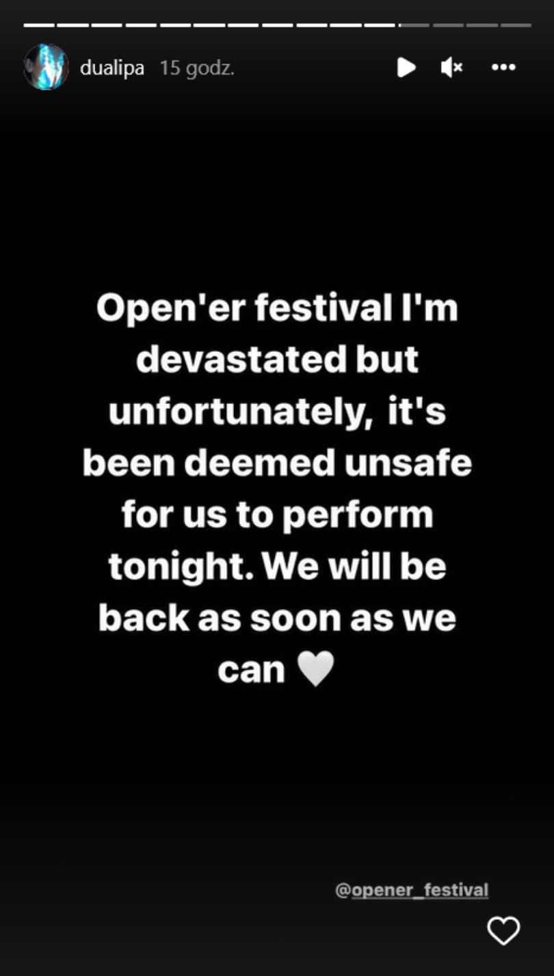 Dua Lipa komentuje odwołanie koncertu na Open'er Festival