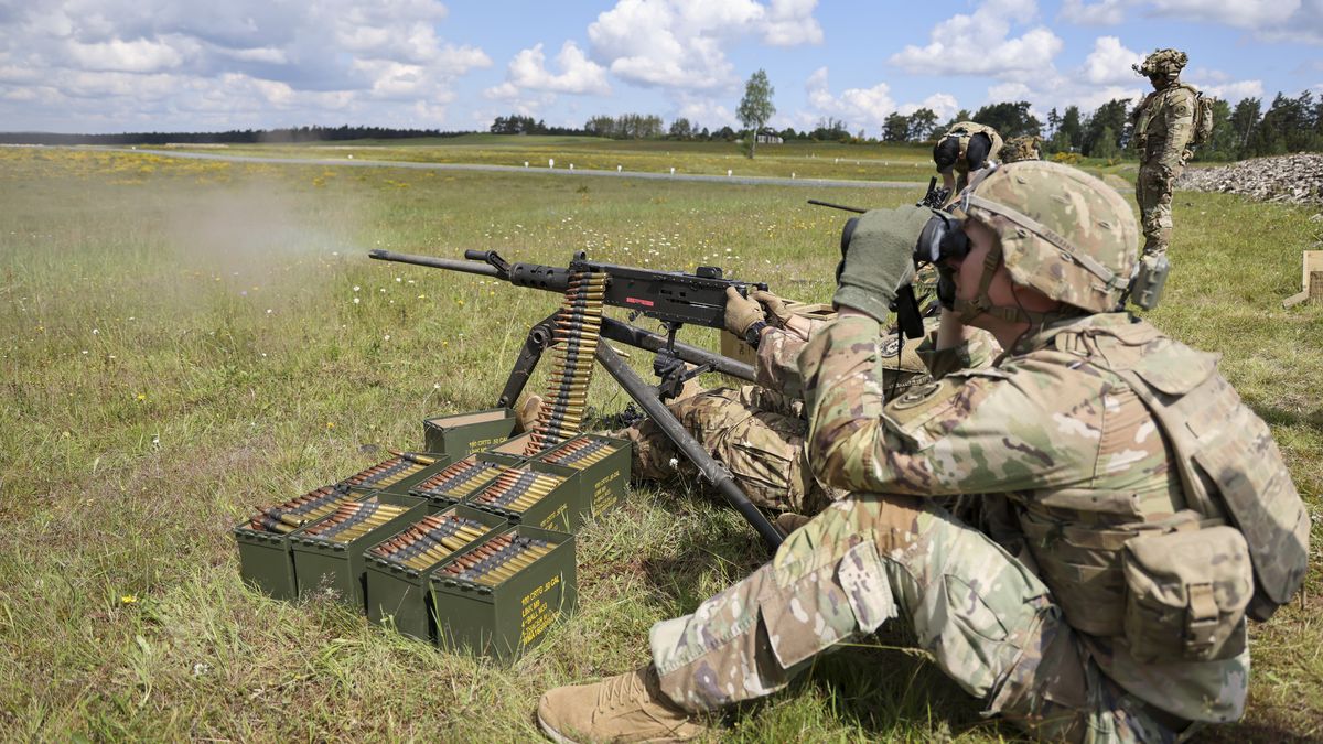 US Army soldiers with Browning M2 machine gun at a live fire event during a heavy weapons leaders course at the US military Grafenwoehr Training Area in Grafenwoehr, Germany, in Grafenwoehr, Germany, on Thursday, May 23, 2024. Officials at Germany's domestic intelligence service are concerned that Russian intelligence agencies are systematically targeting Russian-Germans living in the country via social media channels, a person familiar with the matter said on condition of anonymity. Photographer: Alex Kraus/Bloomberg via Getty Images