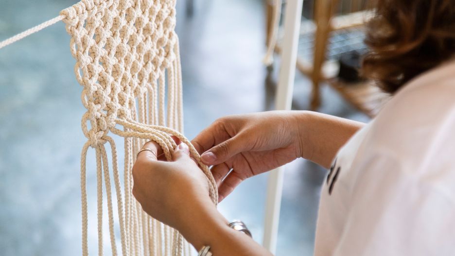object, arts, modern, hanging decoration, lace, knots, hanging, display, traditional, decor, crafts, fabric, handmade, craft, made, string, style, vintage, scandinavian, element, weaving, beautiful, eco, crochet, boho, young, rope, retail, sewing, art, thread, people, lifestyle, material, knit, weave, fashion, pattern, ornament, design, decoration, hand, macrame, texture, workshop, textile, embroidery, closeup, background, hobby