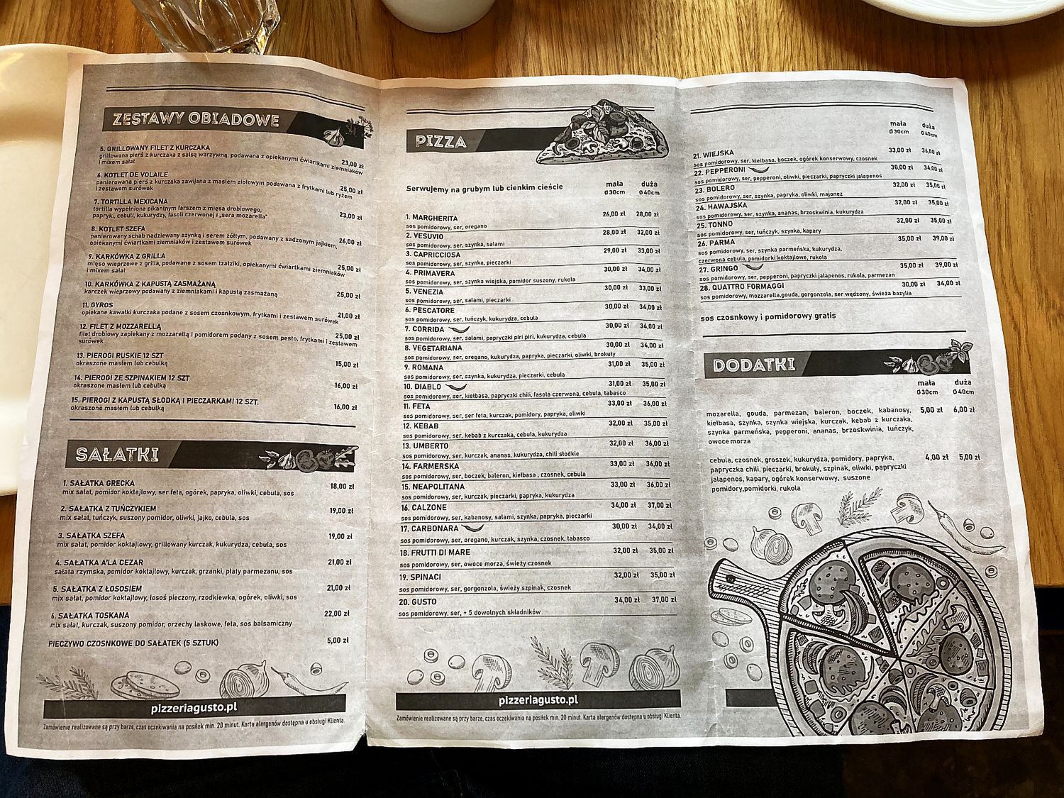 Tak prezentuje się menu pizzeri