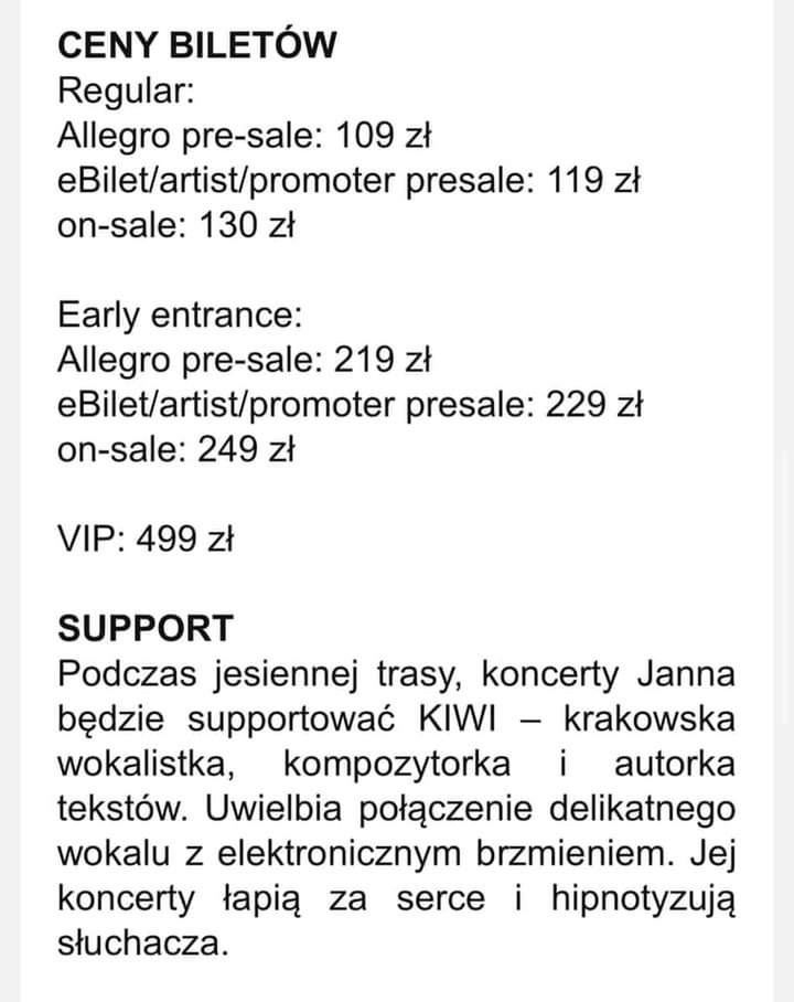 Przypuszczalne ceny biletów na koncert Janna