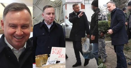 Uśmiechnięty od ucha do ucha Andrzej Duda BUSZUJE po krakowskim targowisku, kupując świąteczne akcesoria (ZDJĘCIA)