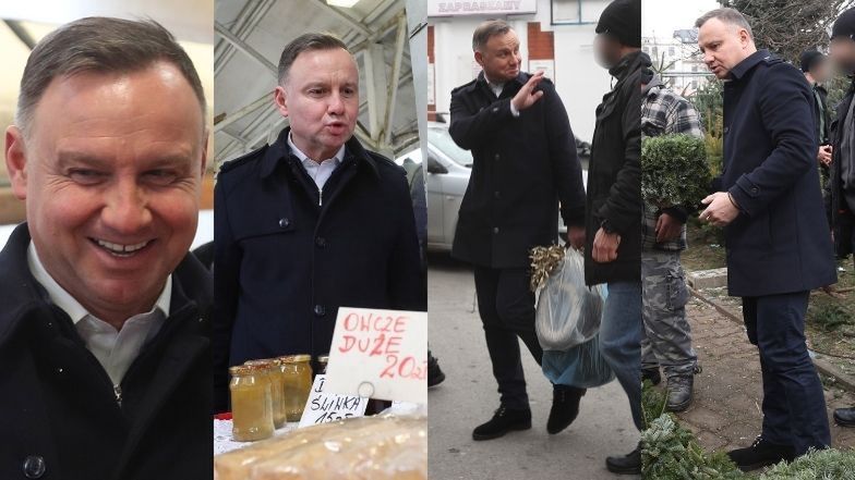 Uśmiechnięty od ucha do ucha Andrzej Duda BUSZUJE po krakowskim targowisku, kupując świąteczne akcesoria (ZDJĘCIA)