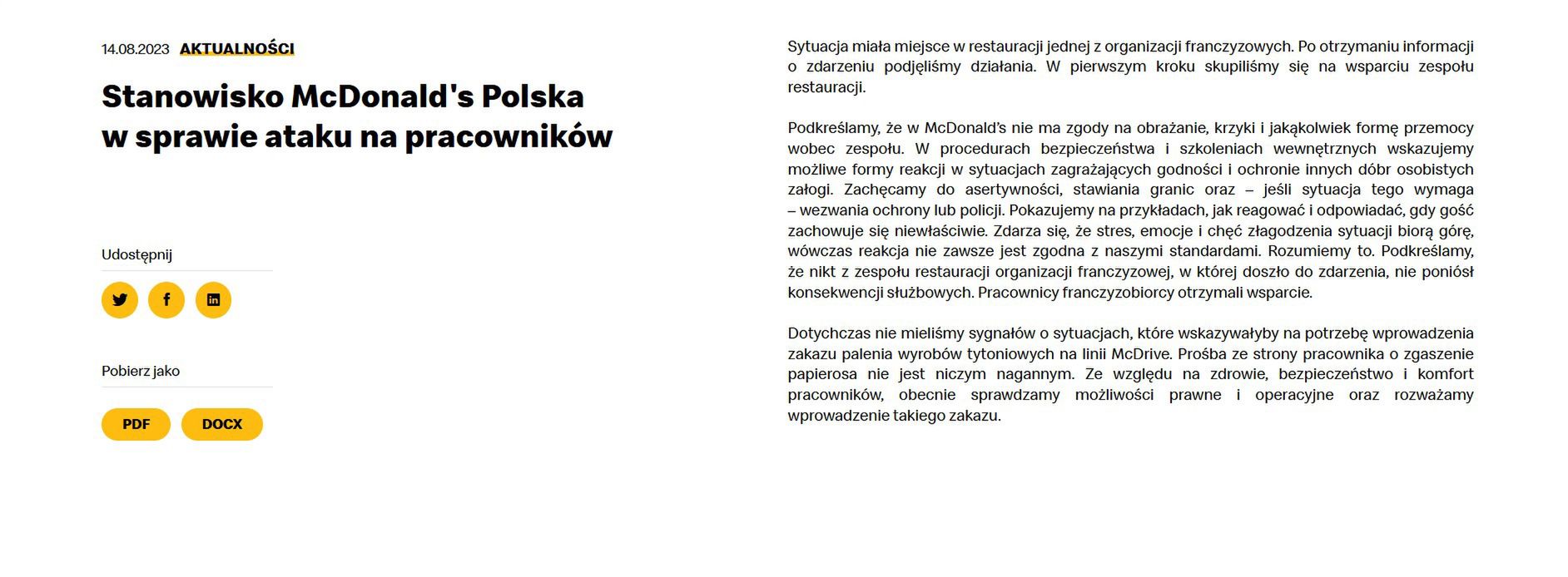 Oficjalne oświadczenie sieci restauracji