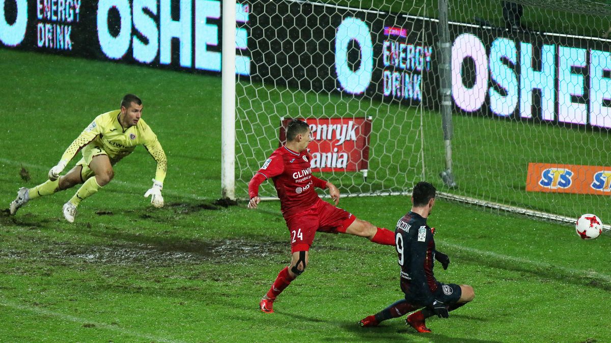 Adam Frączczak strzela gola w meczu z Piastem Gliwice