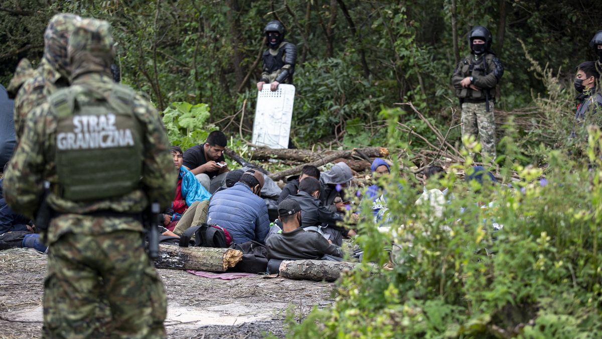 Uchodźcy między szpalerami polskiej i białoruskiej straży granicznej