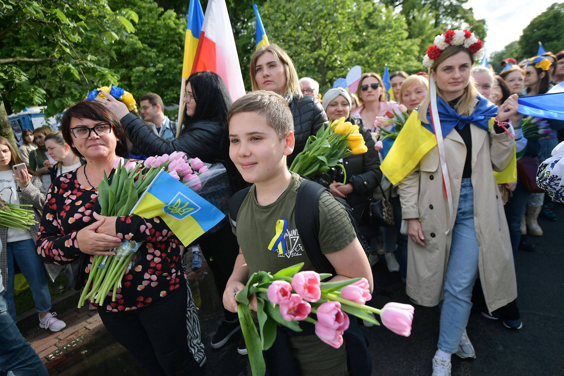 Warszawa, 29.05.2022. Obywatele Ukrainy podczas Marszu Wdzięczności w Warszawie