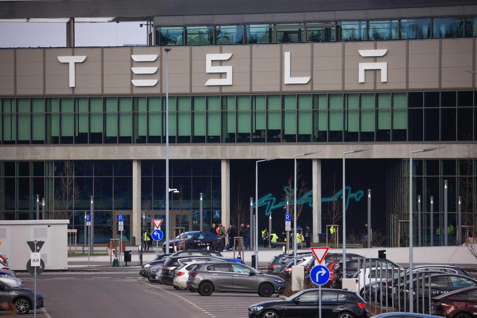 The Tesla Inc. Gigafactory in Gruenheide, Germany, on Tuesday, March 5, 2024. Tesla halted production at its factory outside of Berlin and sent workers home after suspected arson at a nearby high-voltage pylon caused power failures throughout the region. Photographer: Krisztian Bocsi/Bloomberg via Getty Images