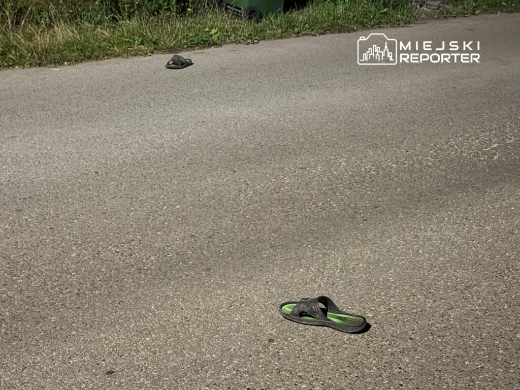 Na asfaltowej drodze leży klapek w ciemnym kolorze z zielonymi akcentami, obok widoczna trawa.