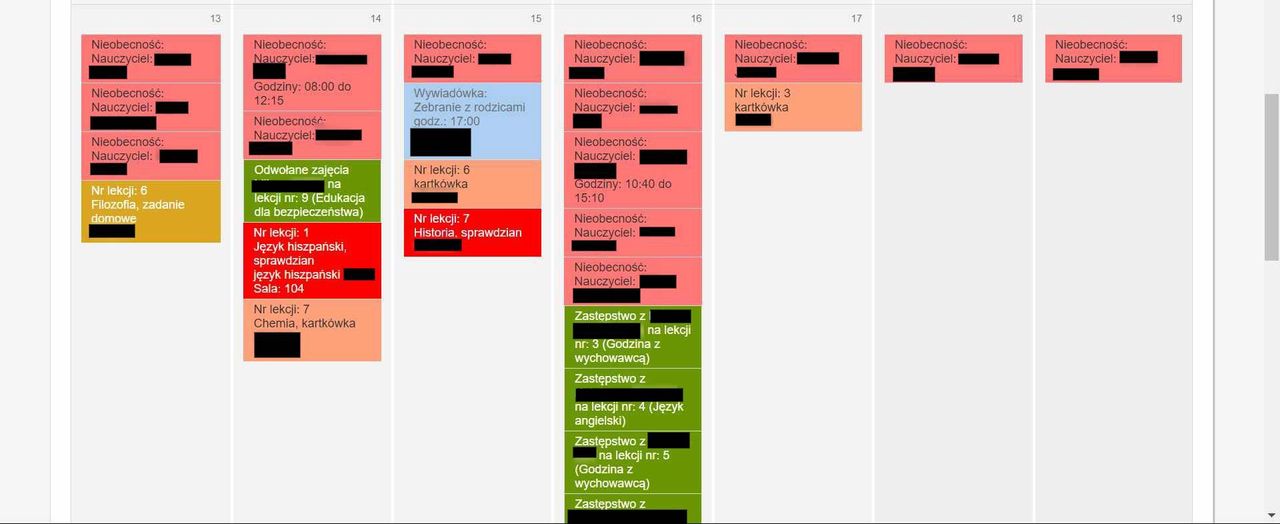 Lista nieobecności nauczycieli w jednym z krakowskich liceów