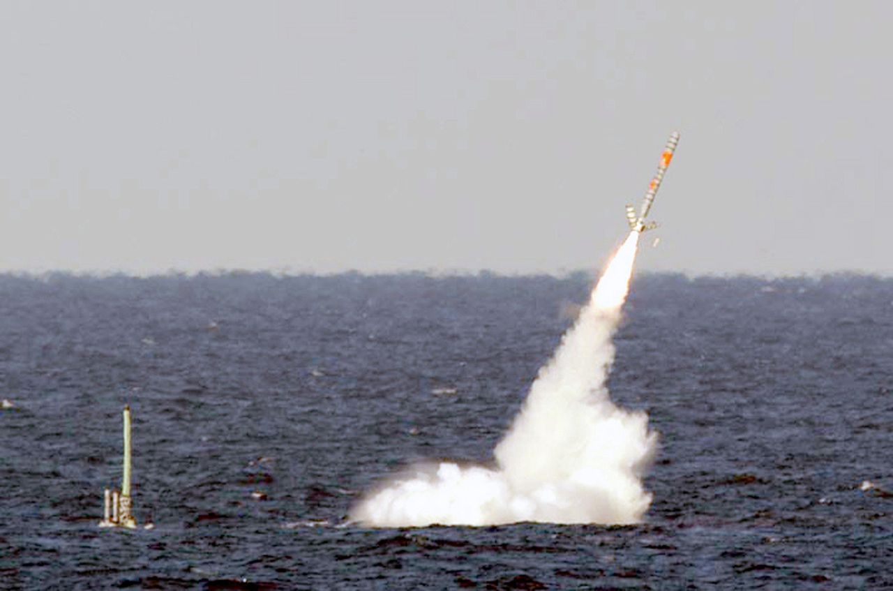 Launching a Tomahawk missile from a submerged submarine.