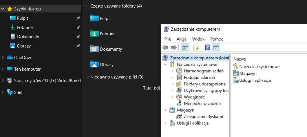 Eksplorator i Zarządzanie komputerem, do którego odsyła ten pierwszy; spójności wizualnej nie widać, fot. Oskar Ziomek.