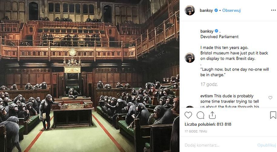 Szympansy w parlamencie. Słynny artysta komentuje brexit w swoim stylu