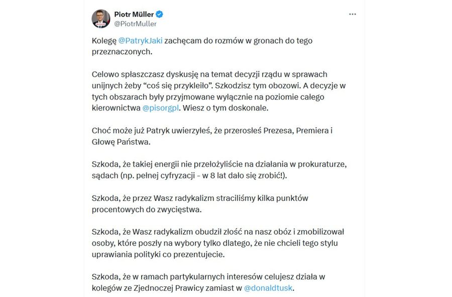 Piotr Müller odpowiedział Patrykowi Jakiemu