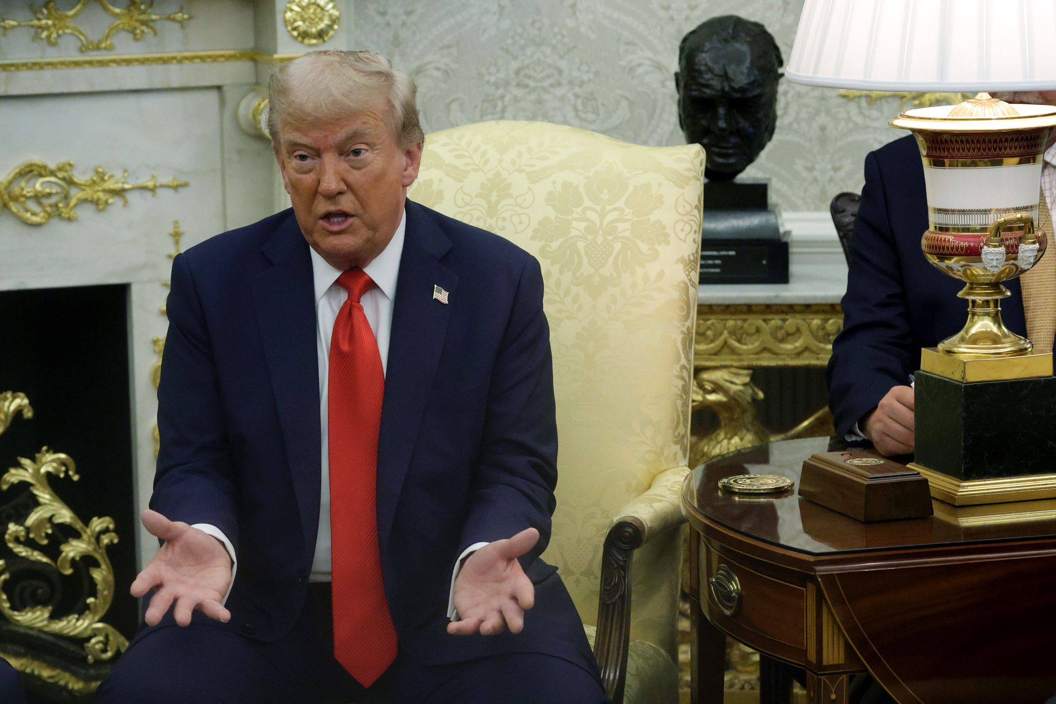 WASHINGTON, DC - SEPTEMBER 03:  U.S. President Donald Trump speaks during a bilateral meeting with Polish President Karol Nawrocki in the Oval Office at the White House on September 3, 2025 in Washington, DC. President Nawrocki is visiting Washington to meet with President Trump for a bilateral meeting to discuss the war in Ukraine. (Photo by Alex Wong/Getty Images)