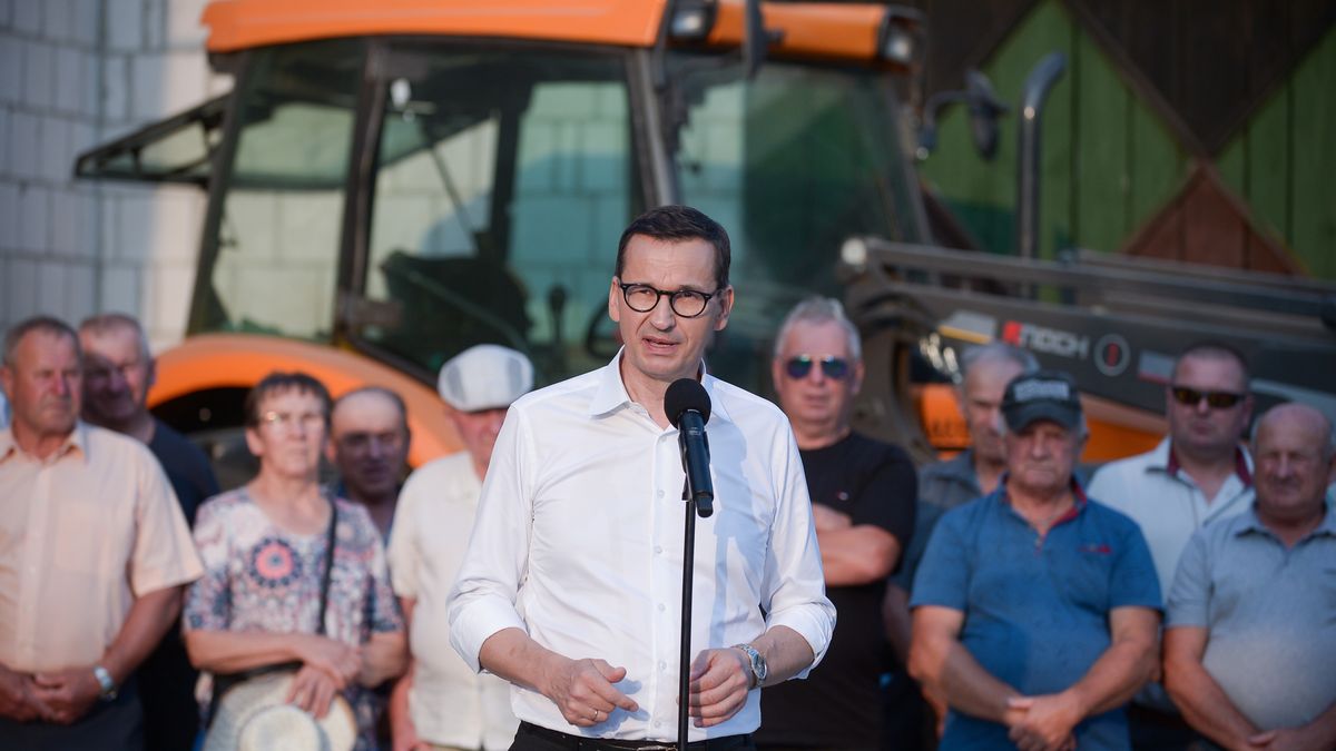 Korczówka-Kolonia (woj. mazowieckie), 12.09.2023. Kampania wyborcza do parlamentu 2023. Premier Mateusz Morawiecki podczas wizyty na terenie gospodarstwa rolnego w Korczówce-Kolonii, 12 bm. (amb) PAP/Marcin Obara