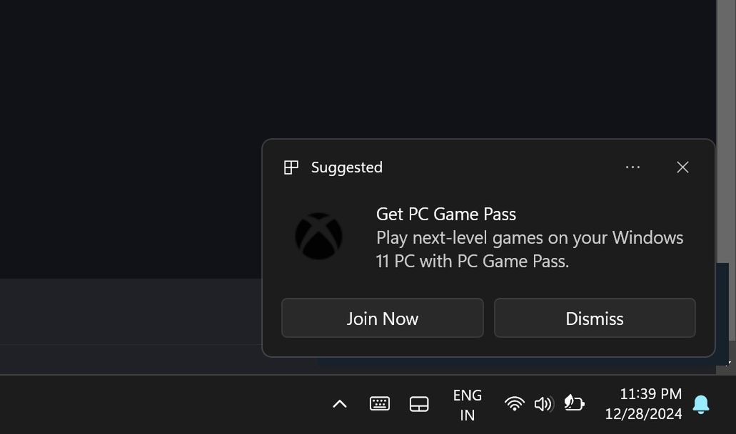 Komunikat zachęcający do przetestowania usługi PC Game Pass