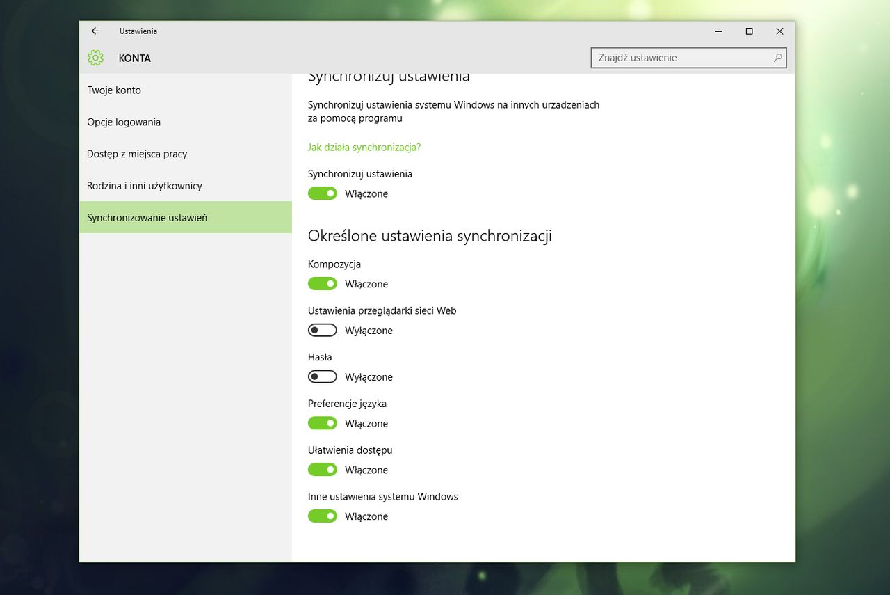 Ustawienia synchronizacji konta Microsoft