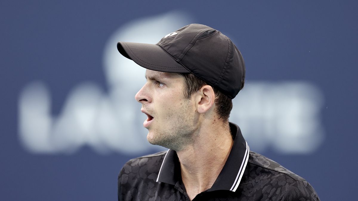 MIAMI GARDENS, FLORIDA - MARCH 27: Hubert Hurkacz of Poland reacts during a match against Adrian Mannarino of France during the Miami Open at Hard Rock Stadium on March 27, 2023 in Miami Gardens, Florida. (Photo by Tim Nwachukwu/Getty Images)