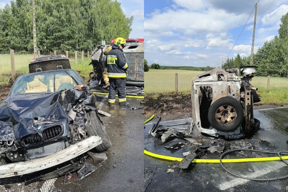 Zdjęcia z wypadku Tomiaka. Po prawej jego samochód