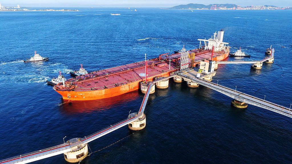 An Oil Tanker Carrying Imported Crude Oil
An oil tanker carrying imported crude oil, assisted by a tugboat, sails towards the crude oil terminal at Qingdao Port in Shandong Province, China, on August 3, 2025. (Photo by Costfoto/NurPhoto via Getty Images)
NurPhoto
global trade, energy, august 3, shandong, oil industry., marine vessel, crude oil terminal, port, oil tanker, china port, sea transport, vessel, terminal, oil importation, maritime transport, maritime industry, oil logistics, nurphoto, imported crude oil, logistics, oil shipping, nautical, costfoto, qingdao port, china, import