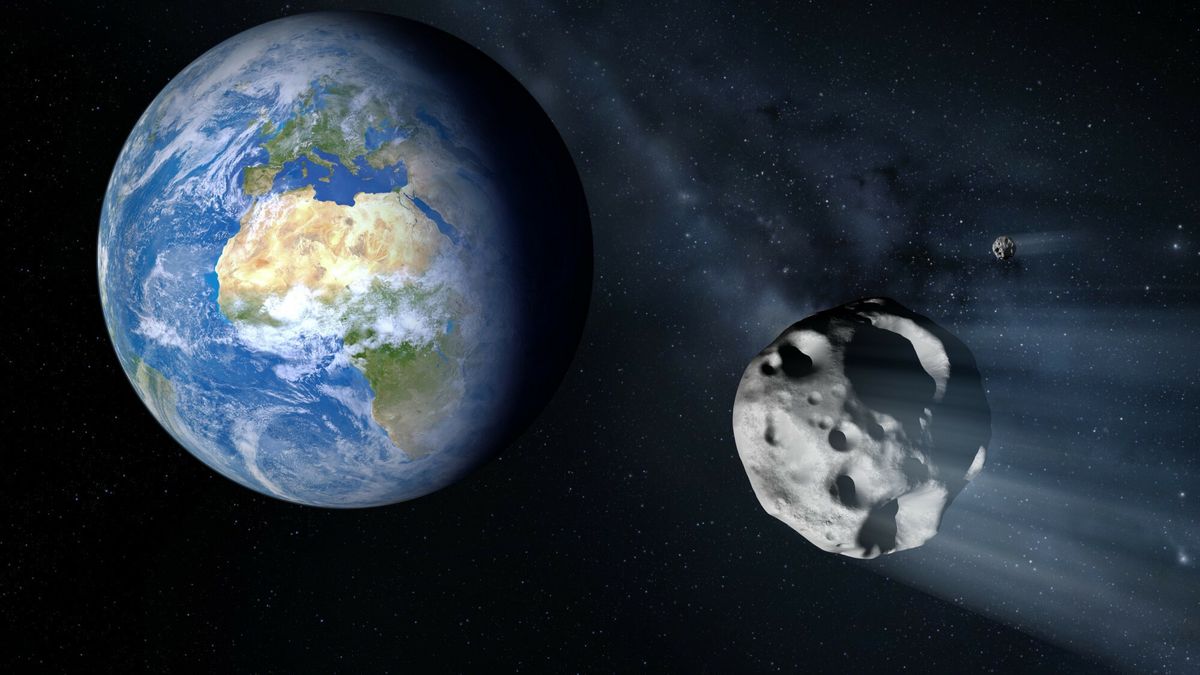 SPL RM Dec 2017
Asteroid approaching Earth, illustration. This asteroid is an example of a near-Earth object (NEO), an astronomical object whose orbit intersects with that of the Earth. Asteroids are rocky bodies orbiting within the solar system. They vary in size from tens of metres across to more than a hundred kilometres across. Large asteroids (over a kilometre across) impacting the Earth can cause mass loss of life. It is thought that this is what caused the extinction of the dinosaurs 65 million years ago.
DETLEV VAN RAVENSWAAY/SCIENCE PHOTO LIBRARY