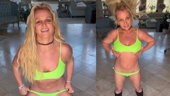 Britney Spears wije się w limonkowym bikini i czarnych kozakach, eksponując tatuaże. Fajne? (WIDEO)