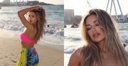 Caroline Derpienski w mini i różowym staniku wygina się na plaży w Dubaju