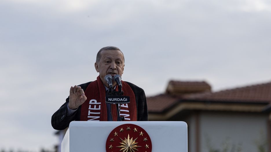 GAZIANTEP, TURKIYE- APRIL 22: President Erdoğan attends the turnkey ceremony of the village houses held in Belpınar village of Nurdağı district, on April 22, 2023 in Gaziantep, Türkiye. The Belpınar villages was affected by the Kahramanmaraş-centered earthquakes. (Photo by Ugur Yildirim/ dia images via Getty Images)