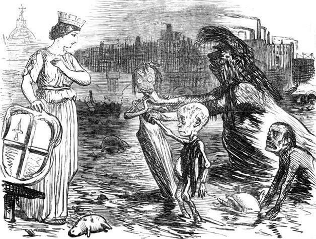 Karykatura przedstawiająca personifikację Tamizy prezentującą miastu Londyn swoje dzieci – błonicę, gruźlicę i cholerę