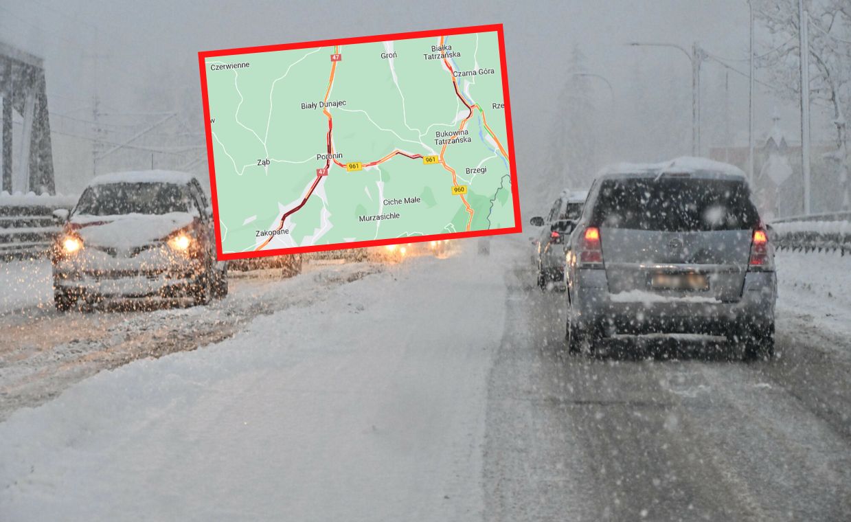 Śnieżyca i paraliż na drogach. Stoi niemal całe Podhale