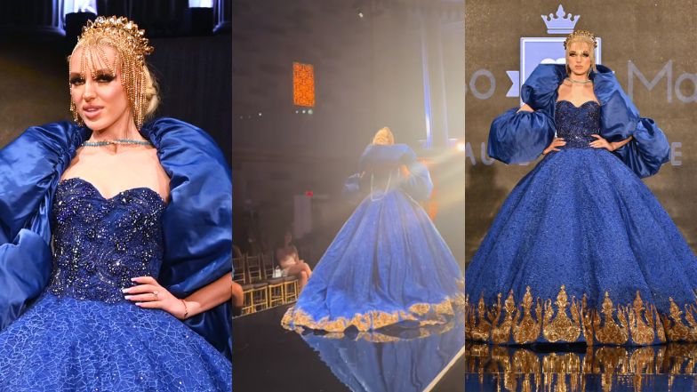 Caroline Derpienski paraduje przed pustymi krzesłami na wybiegu w Nowym Jorku