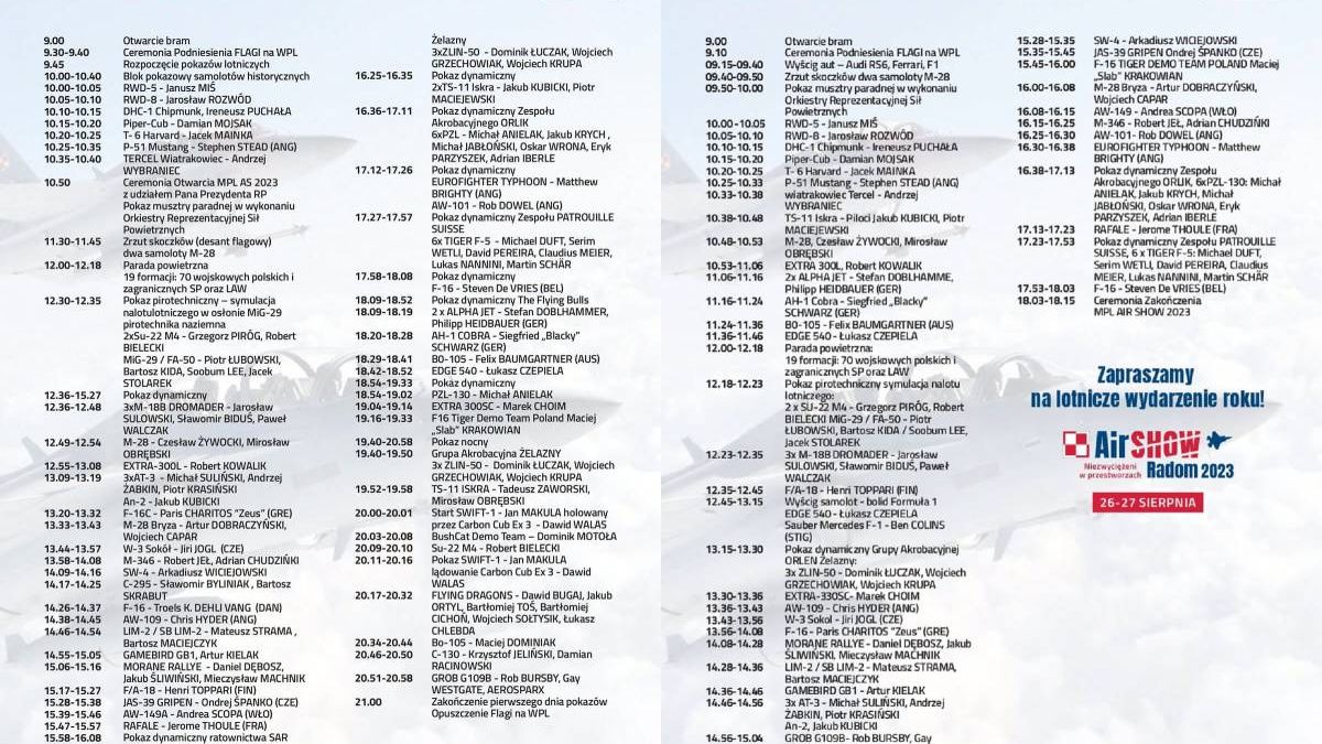 Program minutowy pokazów Air Show Radom 2023