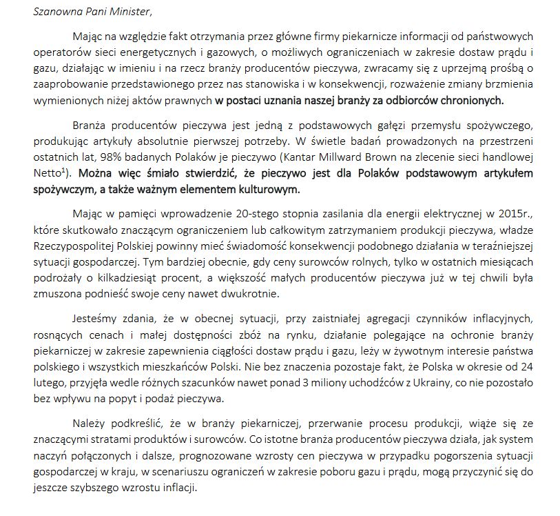 Treść pisma SPP do MKiŚ ws. sytuacji branży piekarniczej