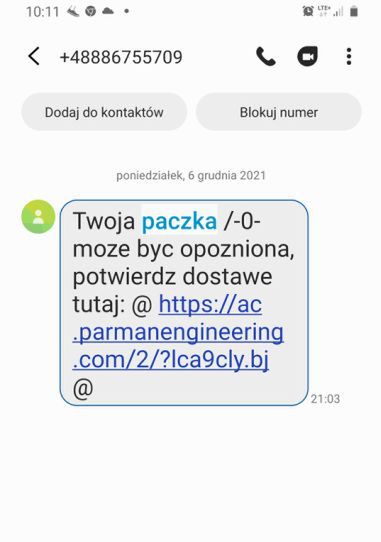 Przykładowe fałszywe SMS-y o paczkach
