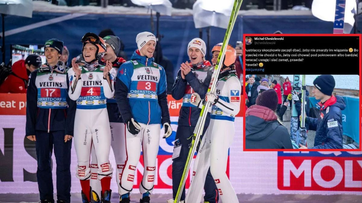 Getty Images / Tom Weller/VOIGT/Getty Images / Na dużym zdjęciu Austriaccy skoczkowie, na małym wpis dziennikarza TVP Sport