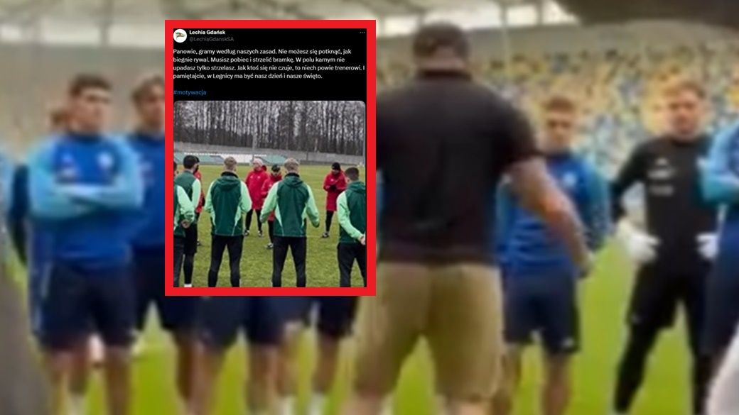 Na zdjęciu: kibic Arki Gdynia wygłaszający 'przemówienie' zawodnikom, w ramce wpis Lechii Gdańsk